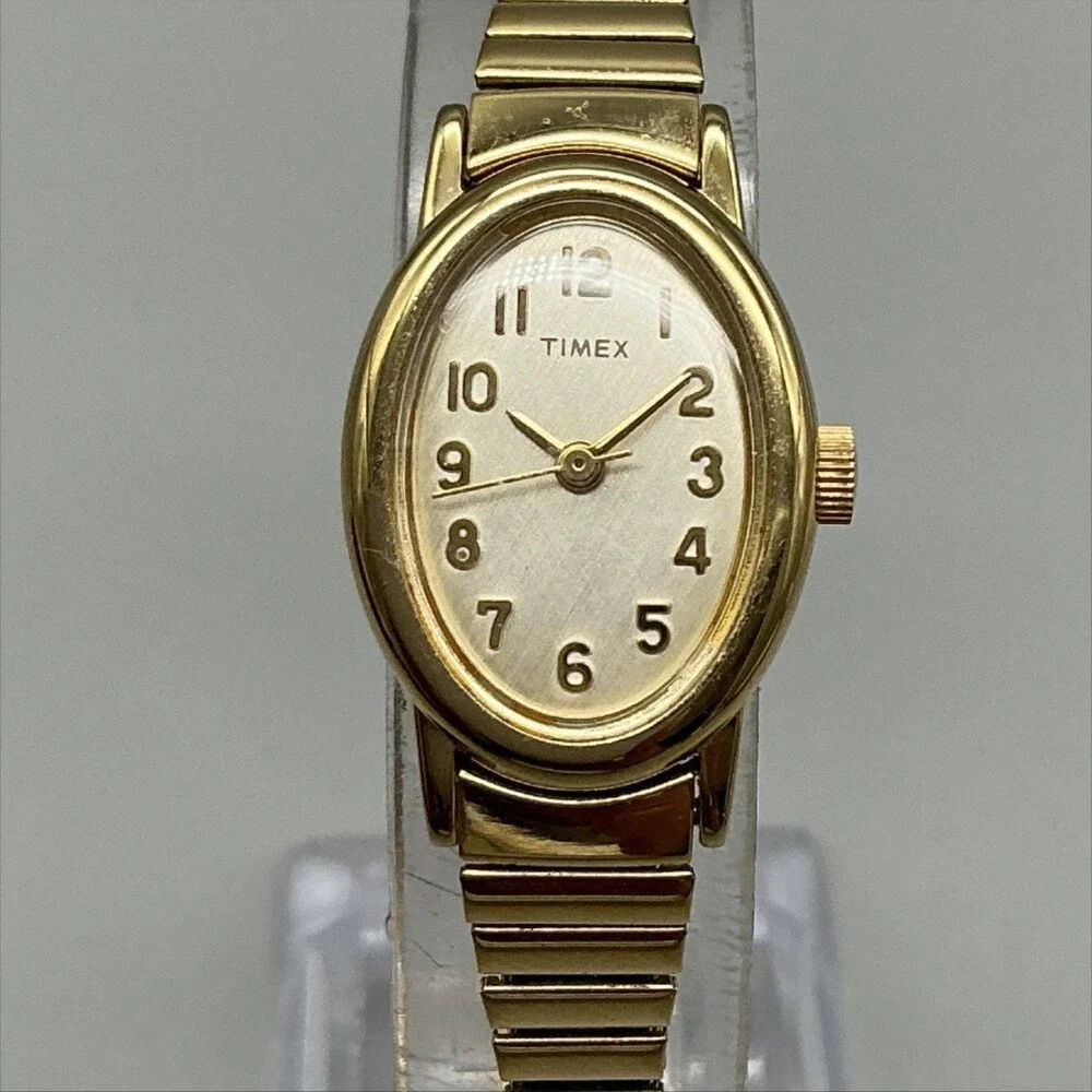 Timex Womens Watch 18mm Champagne Dial Gold Tone Oval Stretch Band New Battery